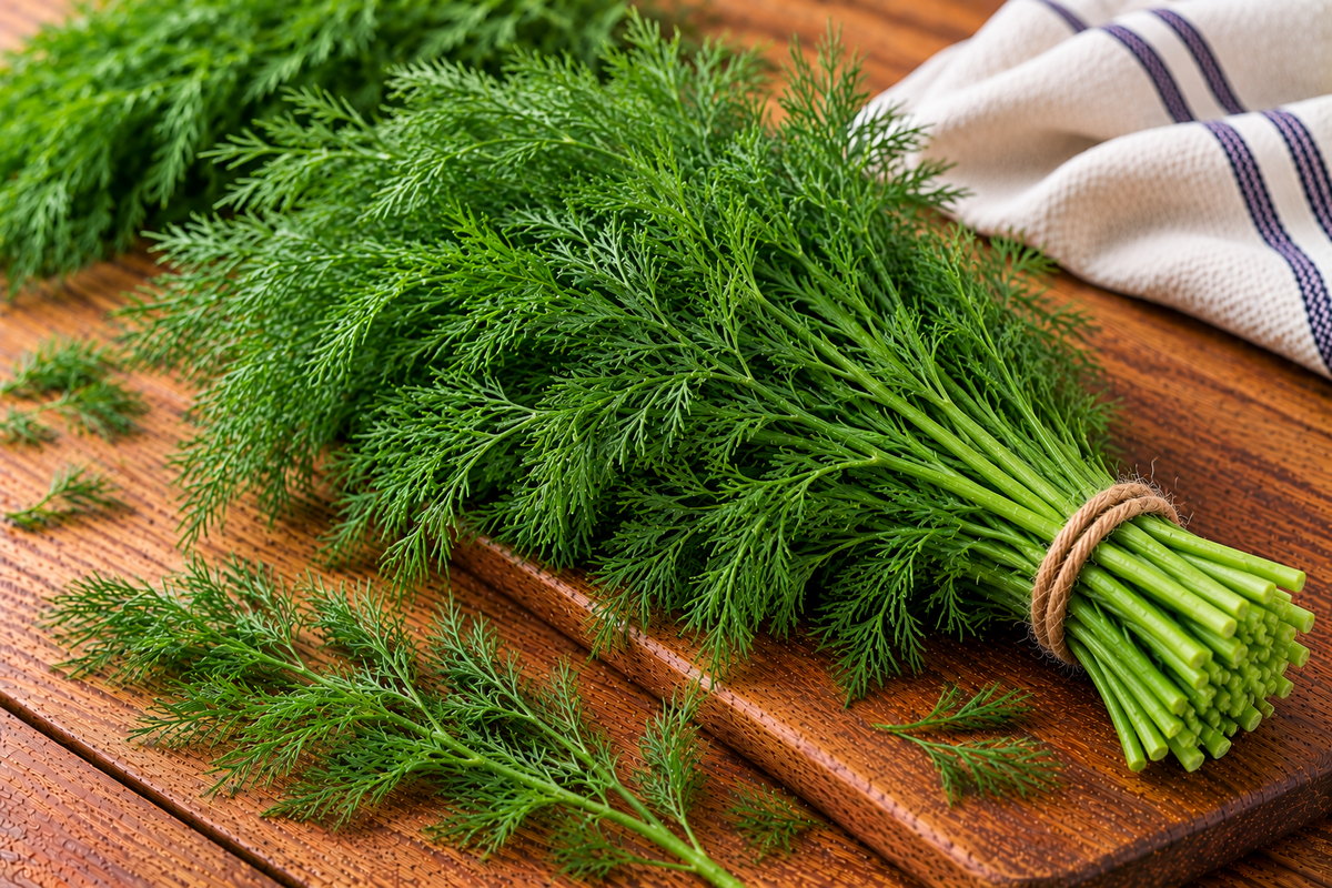 Dill fronds with fine, feathery green leaves