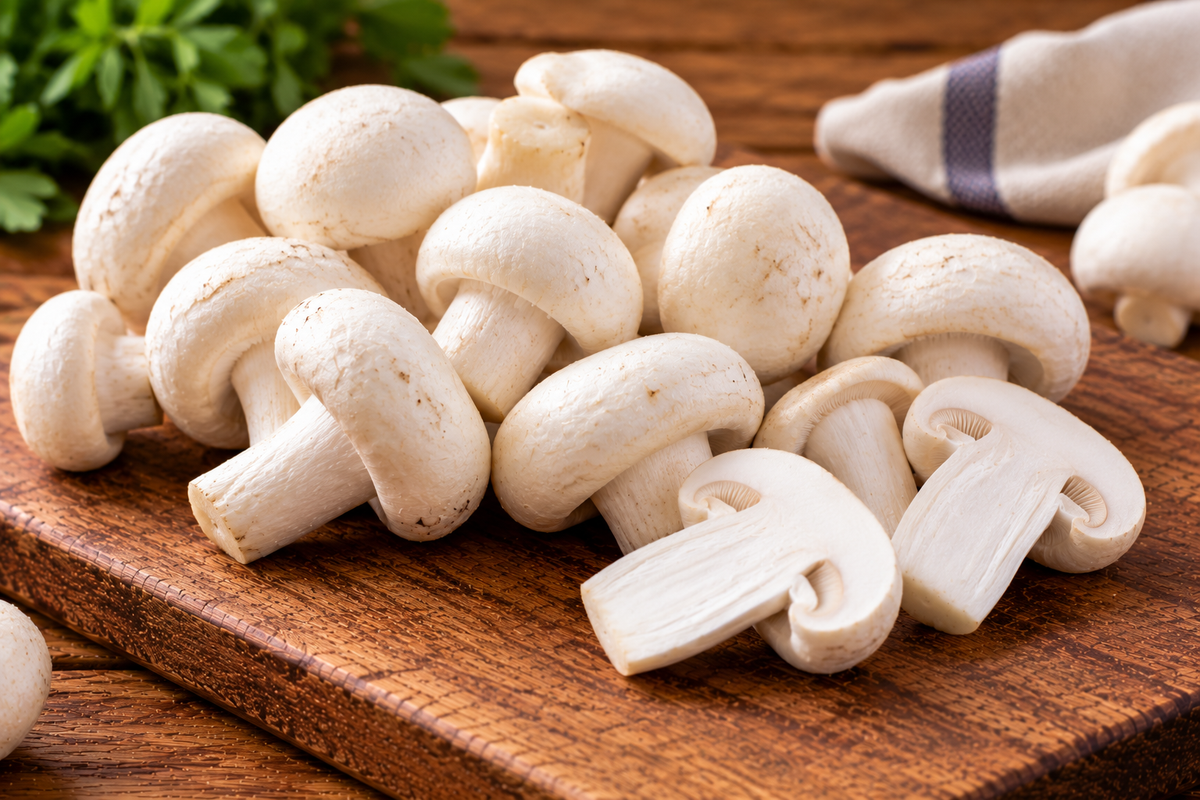 Milky mushrooms with smooth white caps and thick stems