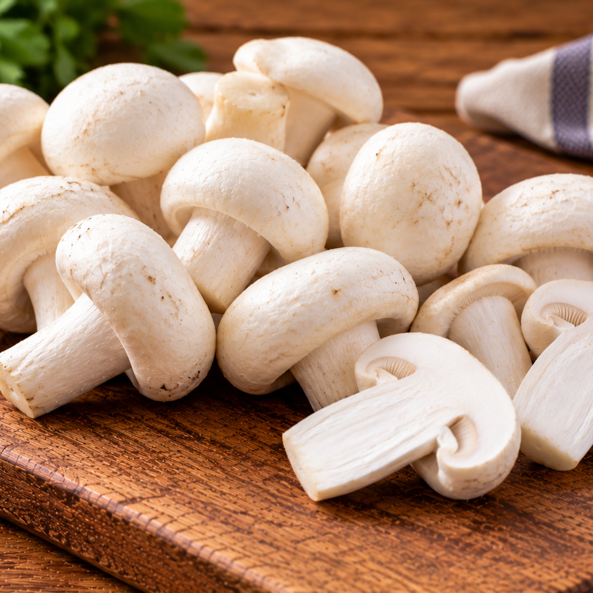 Milky mushrooms with smooth white caps and thick stems
