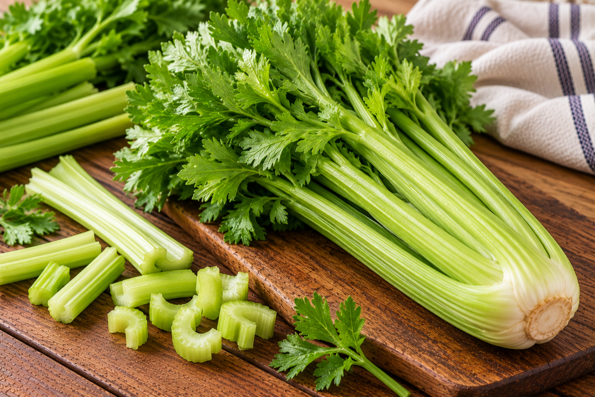 Celery stalks with crisp ribs and pale green colouring