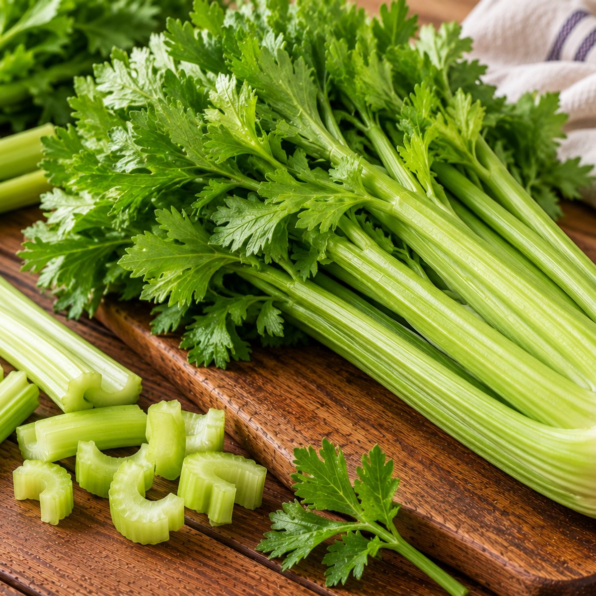 Celery stalks with crisp ribs and pale green colouring