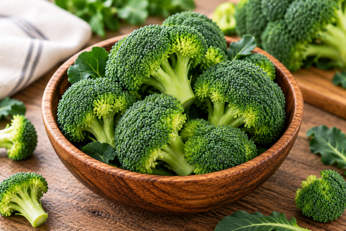 Green broccoli florets cut into compact bite-size pieces