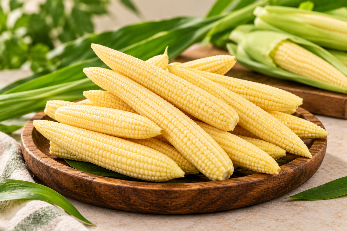 Fresh pale-yellow baby corn cobs arranged on a wooden platter with green corn leaves.