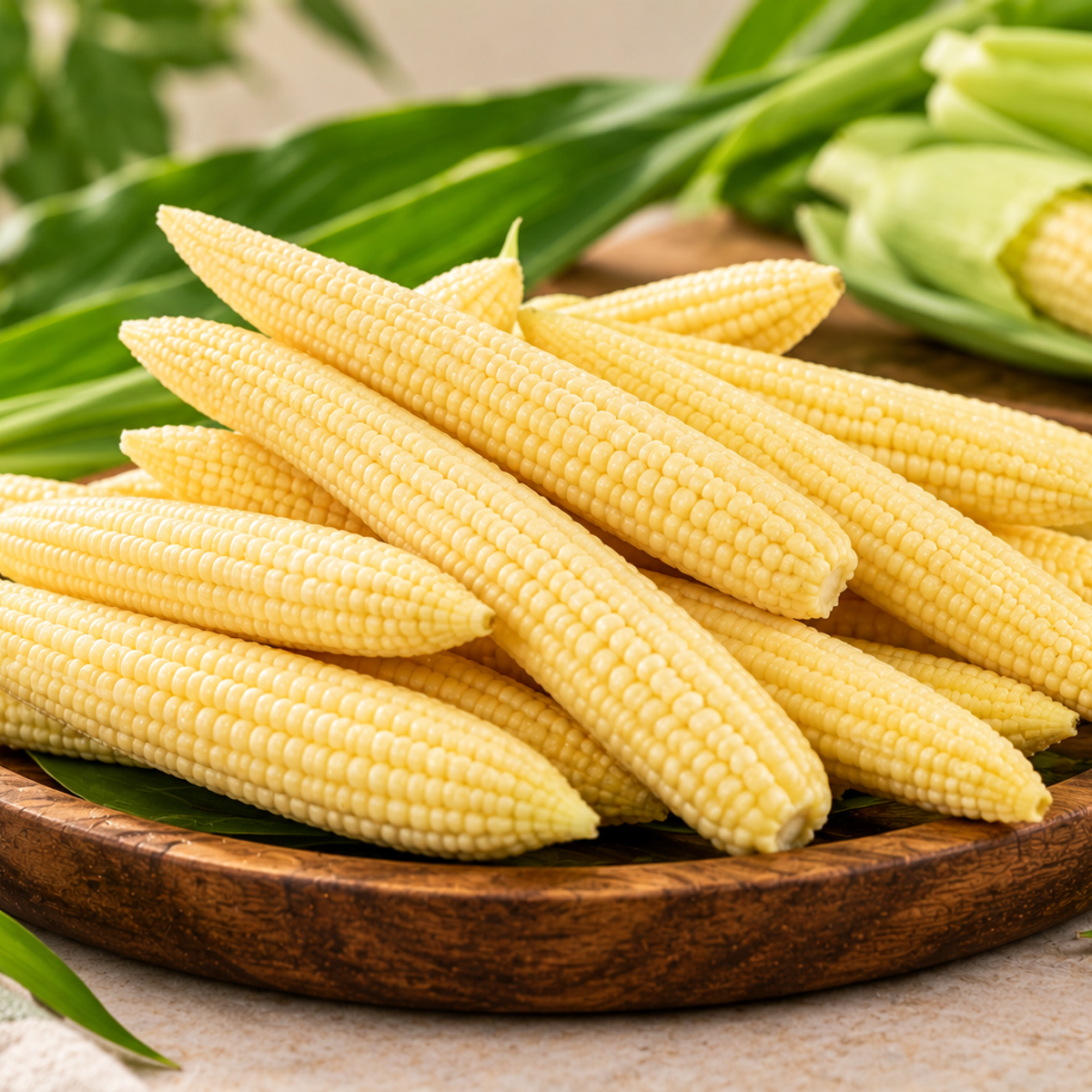 Fresh pale-yellow baby corn cobs arranged on a wooden platter with green corn leaves.