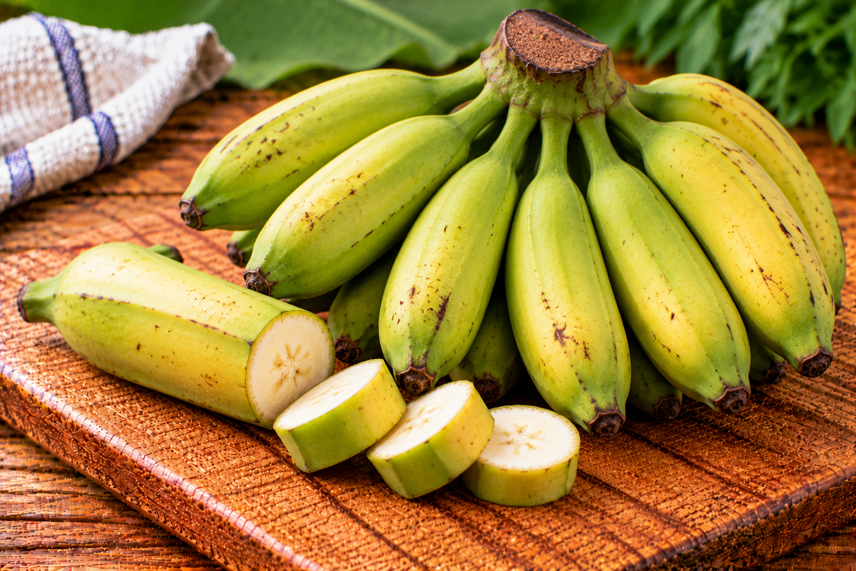 Robusta bananas with firm, curved yellow skins