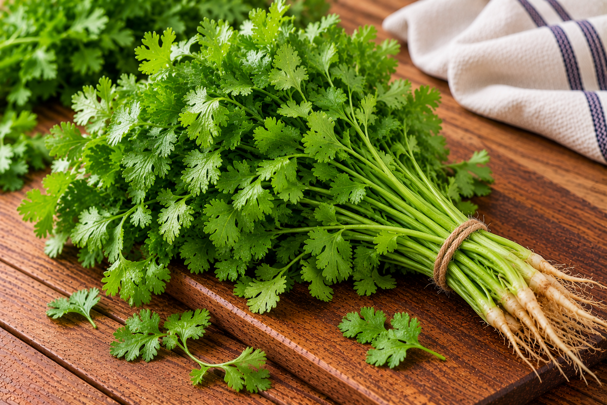 Coriander leaves with delicate, lobed edges