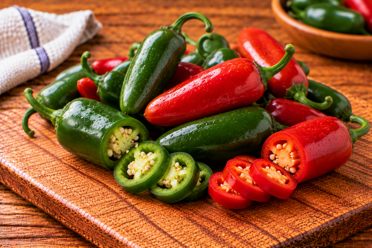 Red or green jalapeño peppers with smooth, tapered pods