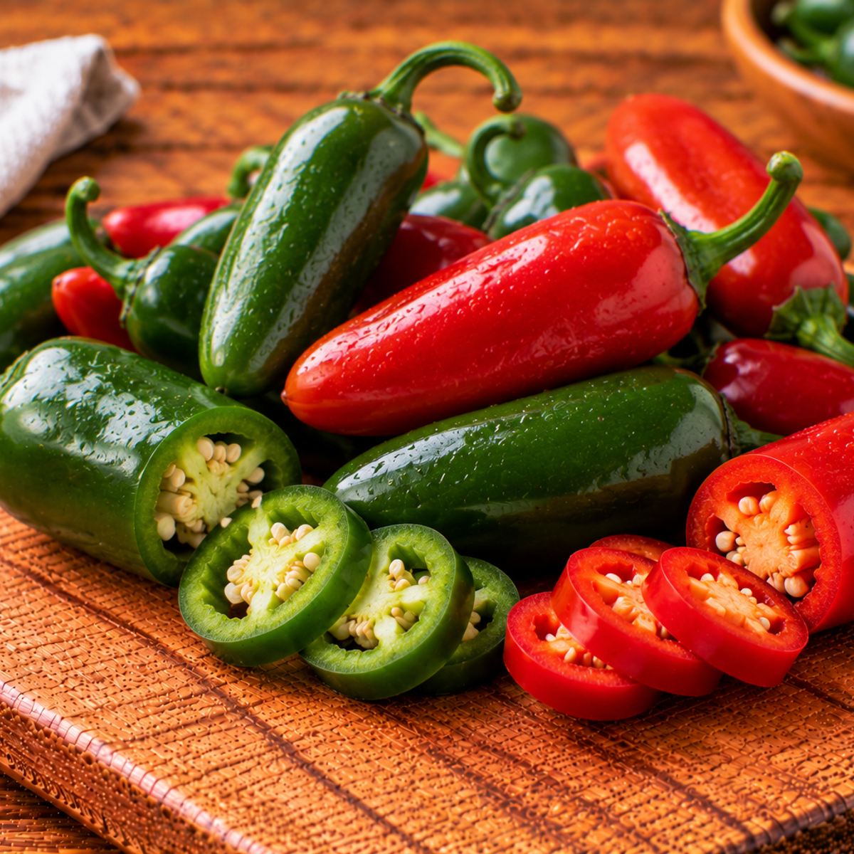 Red or green jalapeño peppers with smooth, tapered pods