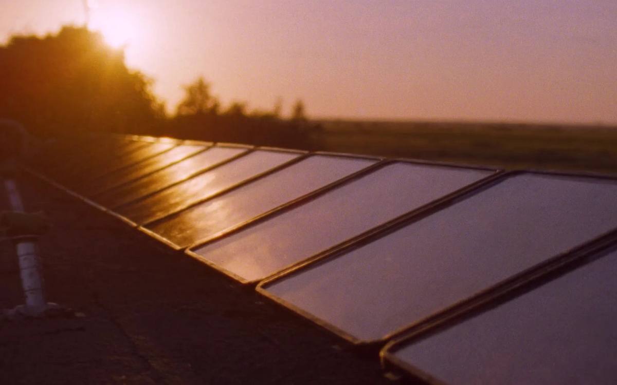 Rooftop solar panels at golden hour, low sun raking across the glass.