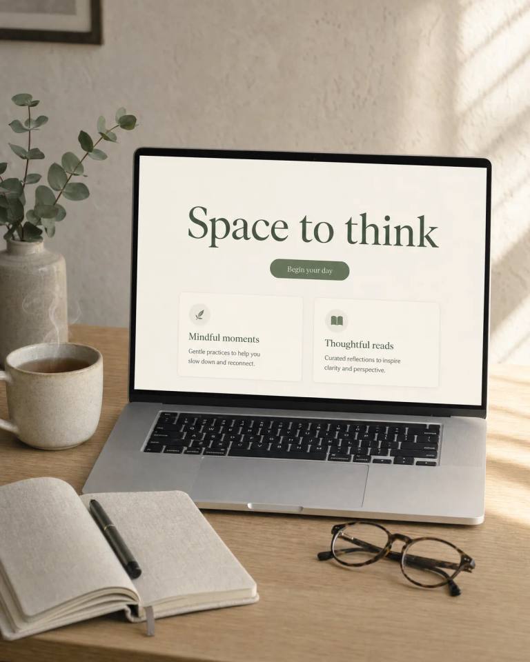 A laptop on a calm desk showing a sage and off-white coaching website in soft morning light.