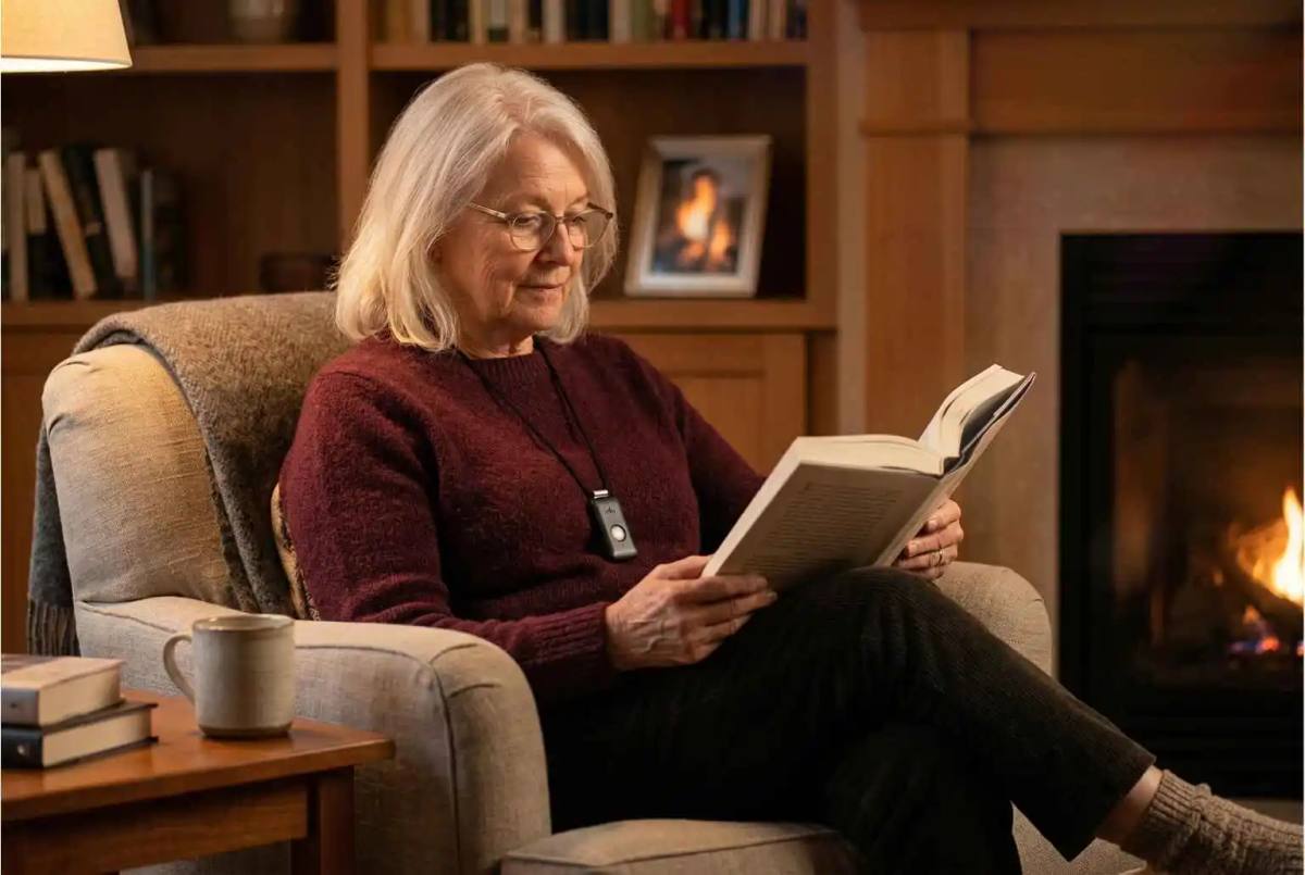 A woman reading by the fire in a warm living room, a small alert pendant around her neck.