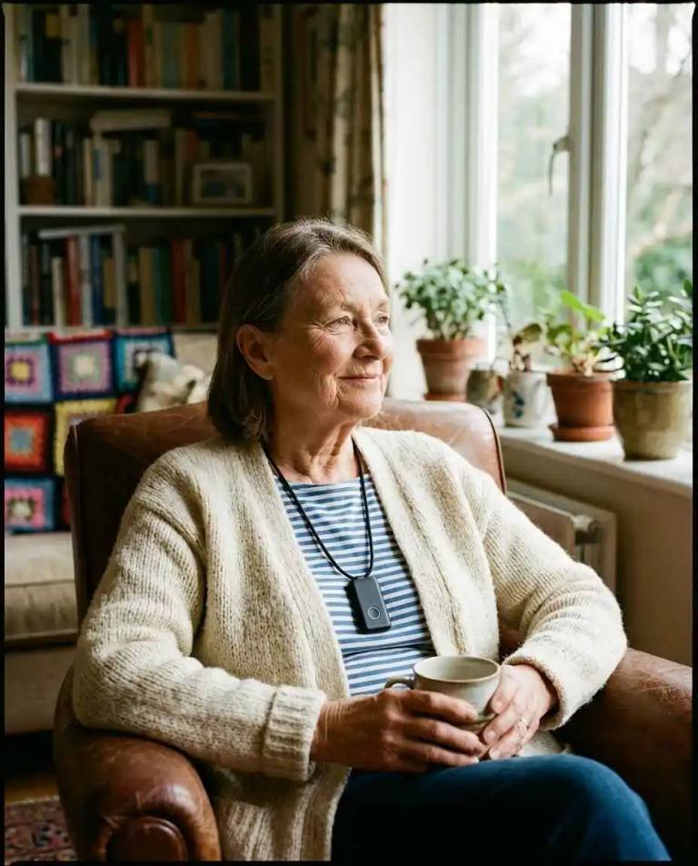 A woman in her seventies with a coffee and a small alert pendant, seated in her living room.