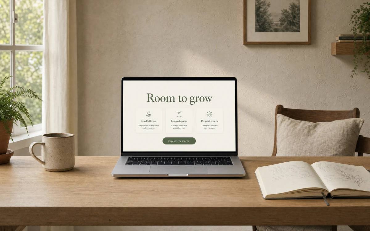 A home studio desk, a laptop showing a serene coaching website with soft green serif type.