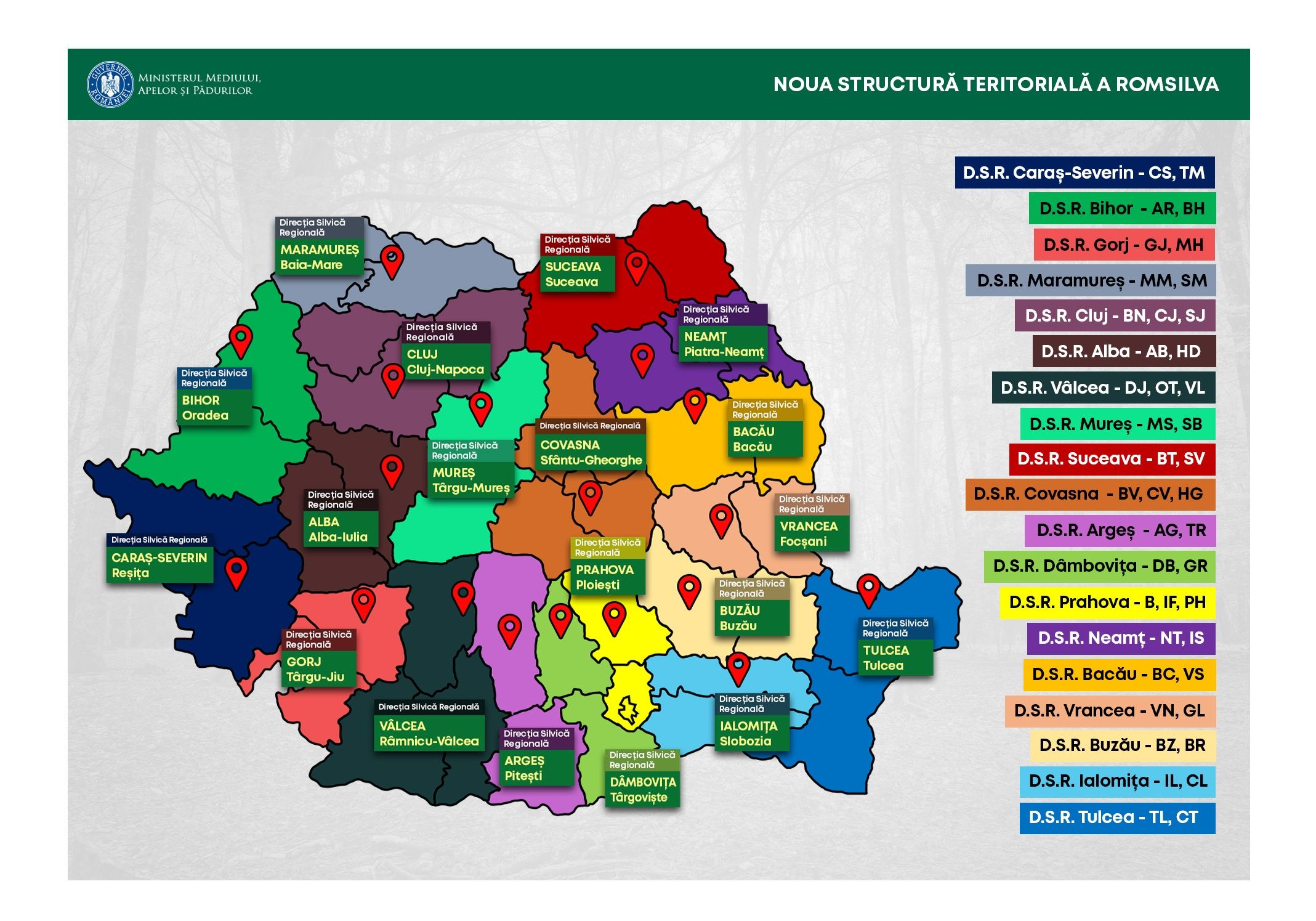 Direcția Silvică Sibiu - comasare - subordine -  Regionala Mureș -  reorganizare- Romsilva