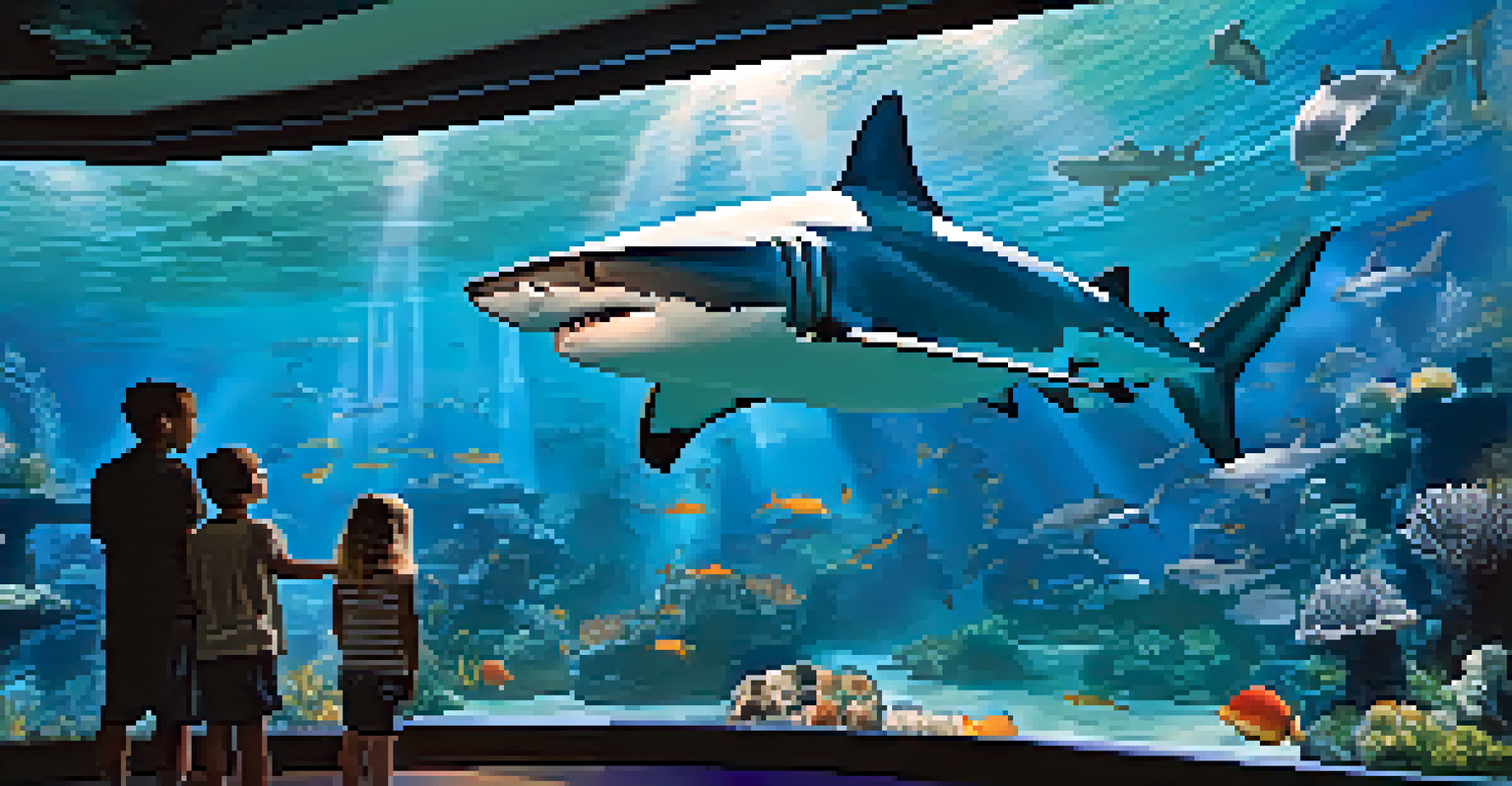 Children observing sharks and marine life in a tunnel at an aquarium, with blue lighting creating a captivating underwater scene.