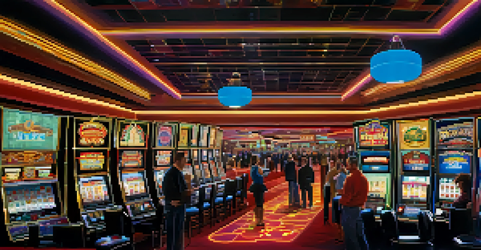 An interior view of a modern Las Vegas casino with players at slot machines and table games.