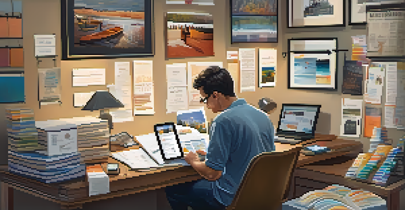 A person organizing marketing materials and schedules at a desk in preparation for an upcoming trade show.