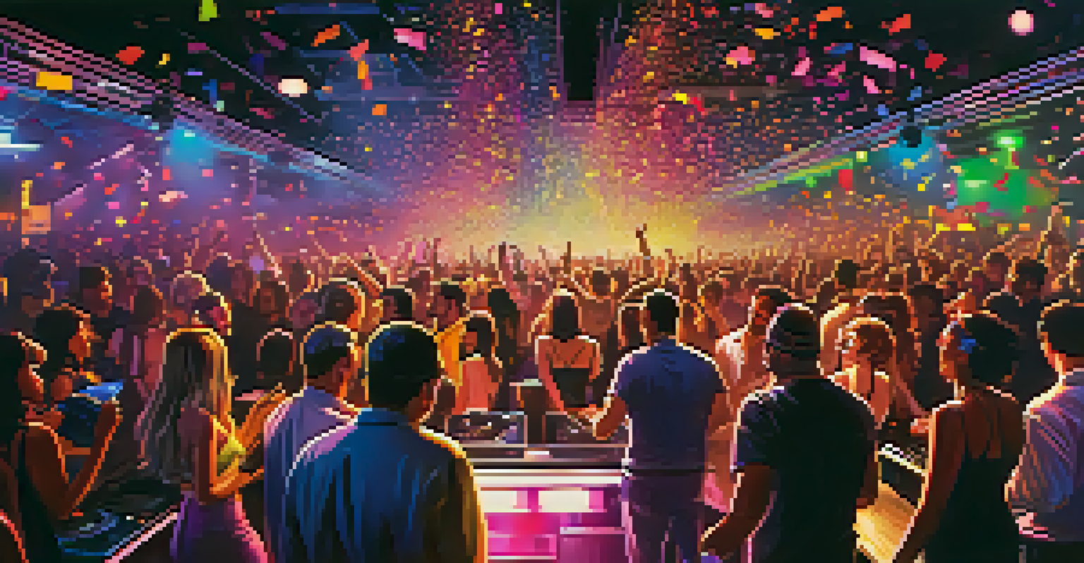 A lively nightclub scene in Las Vegas featuring a DJ, colorful lights, and a crowded dance floor filled with energetic dancers.