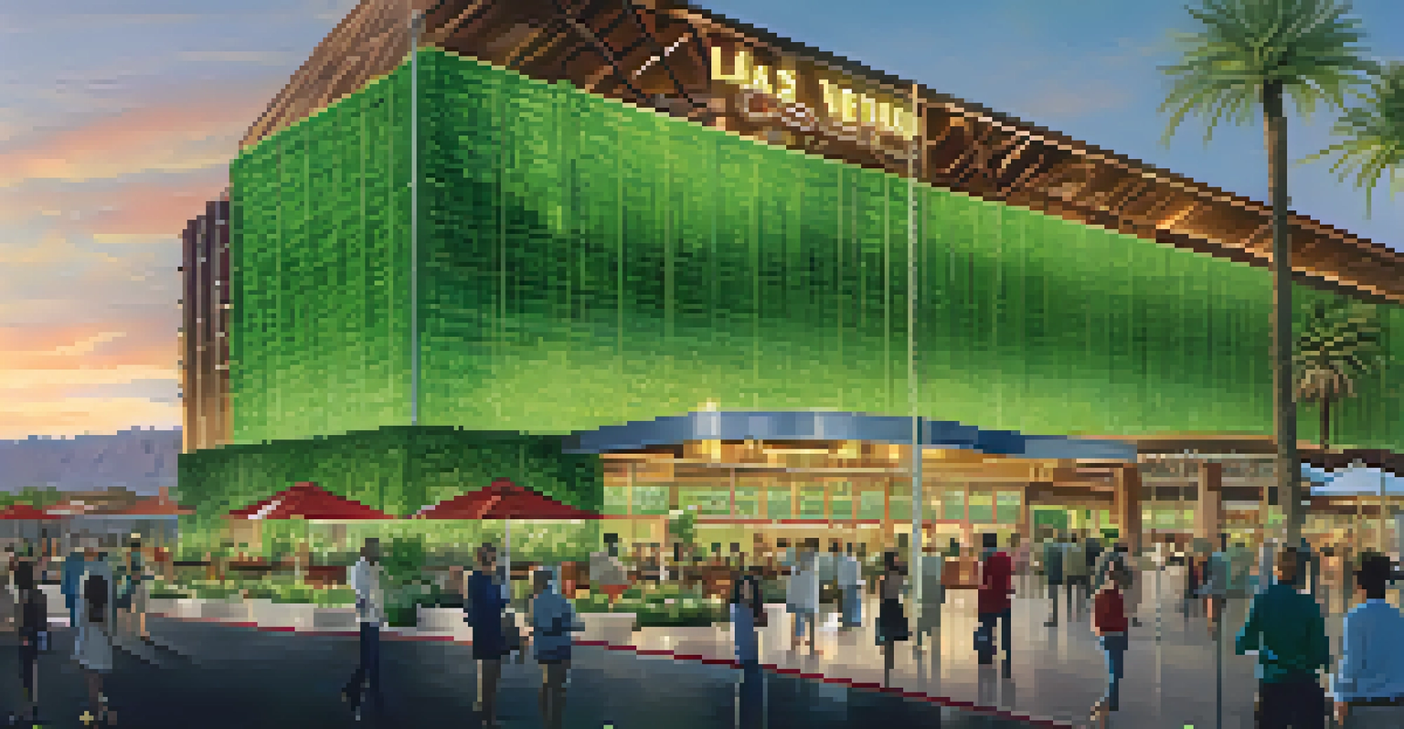 An eco-friendly Las Vegas casino with solar panels, greenery, and guests enjoying the outdoor space at sunset.