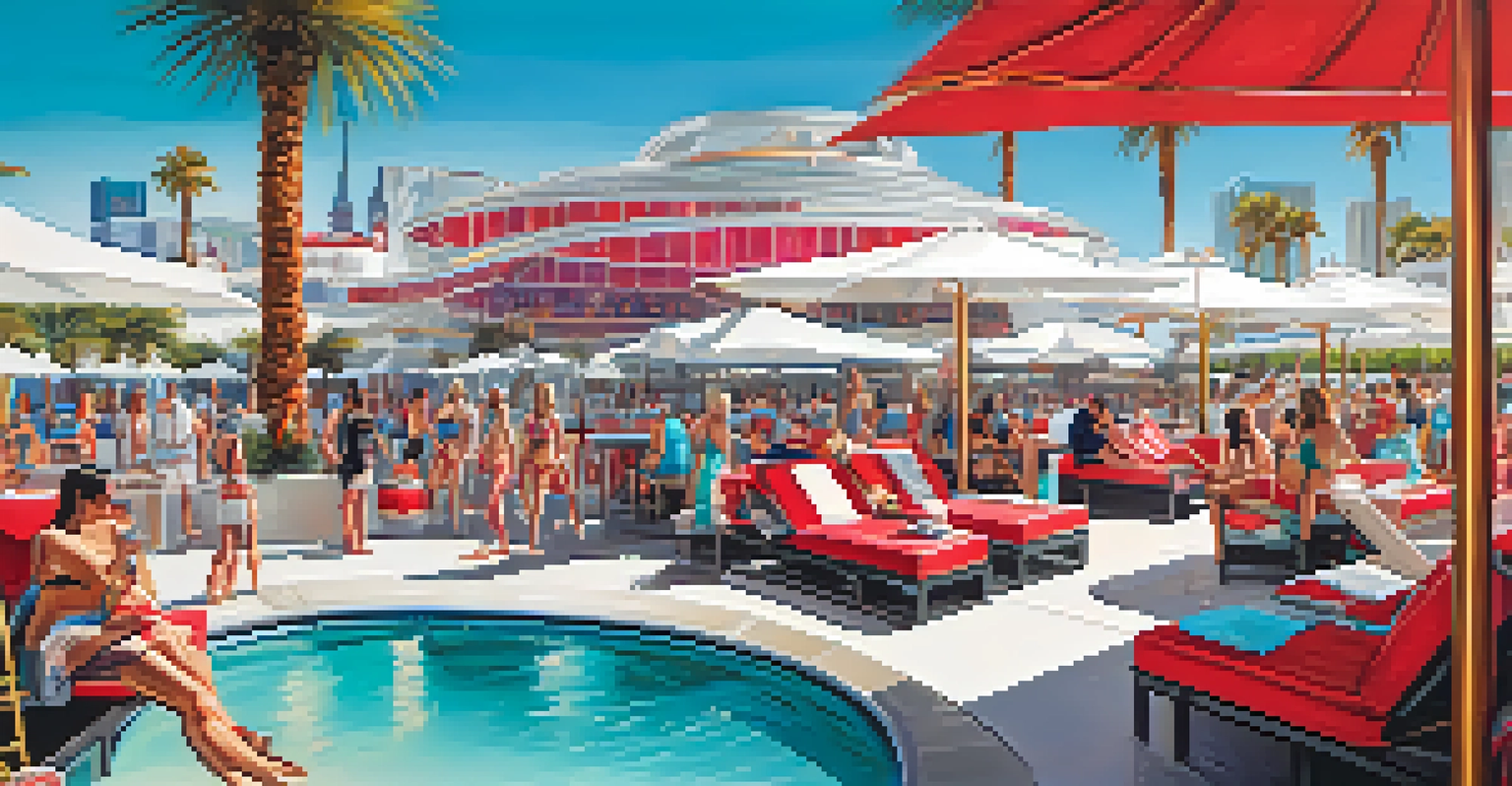 A sunny pool area with cabanas and a view of the Las Vegas skyline.