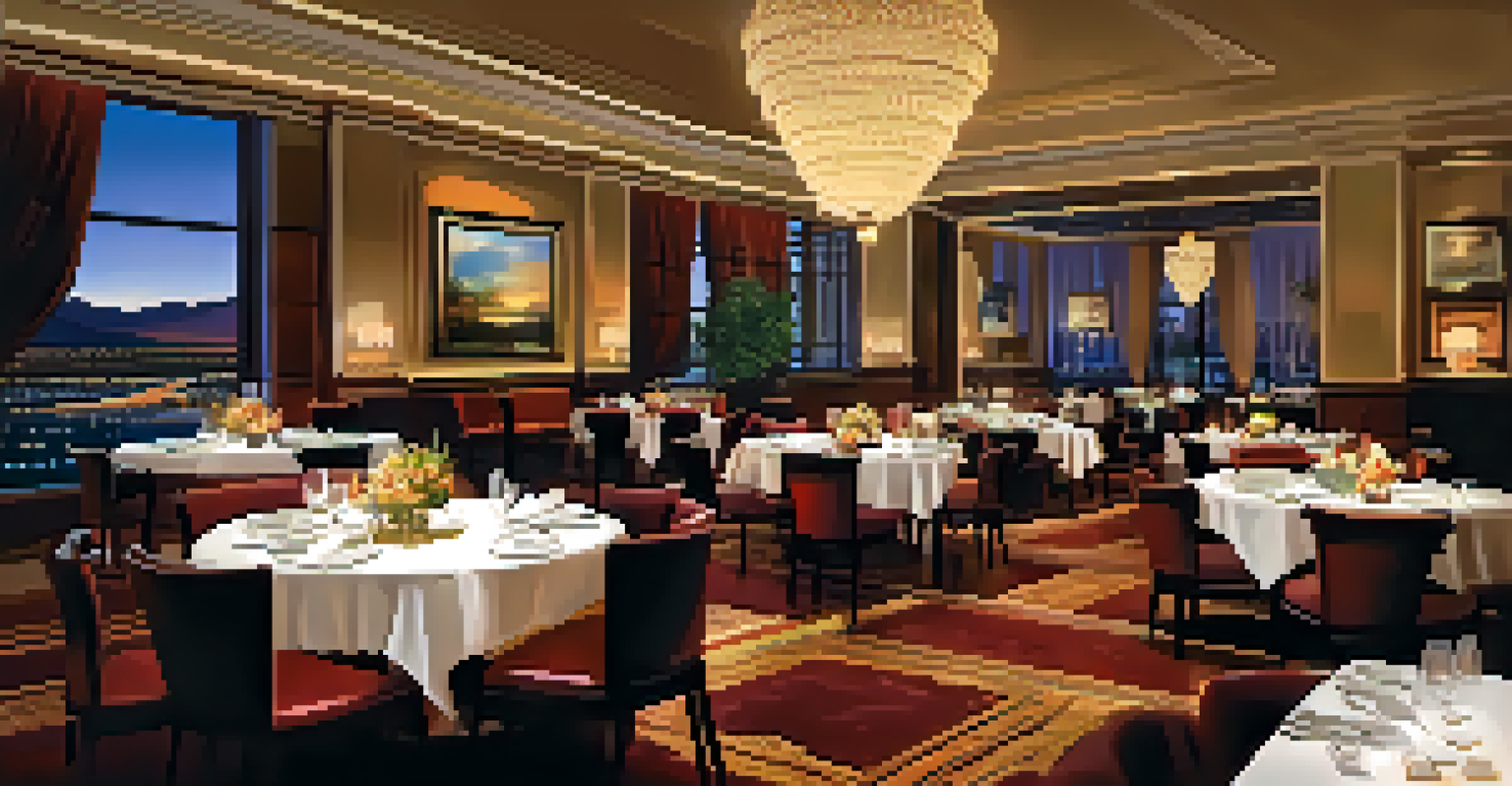 An elegant dining setup with gourmet dishes and fine wine in a luxurious Las Vegas hotel restaurant.