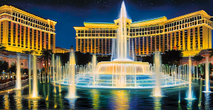 A vibrant display of the Bellagio fountains in Las Vegas, with colorful lights and a beautifully lit hotel in the background.