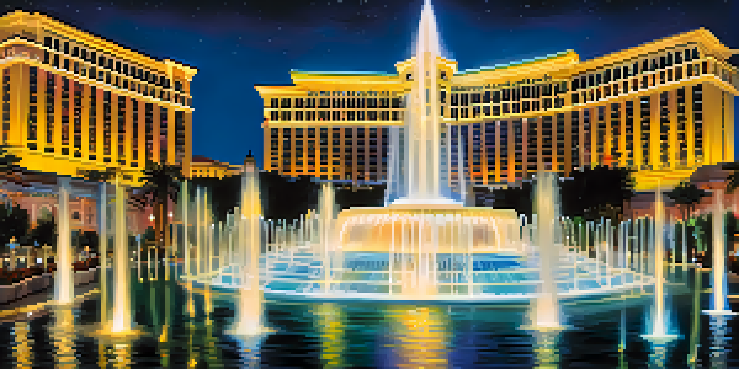 A vibrant display of the Bellagio fountains in Las Vegas, with colorful lights and a beautifully lit hotel in the background.