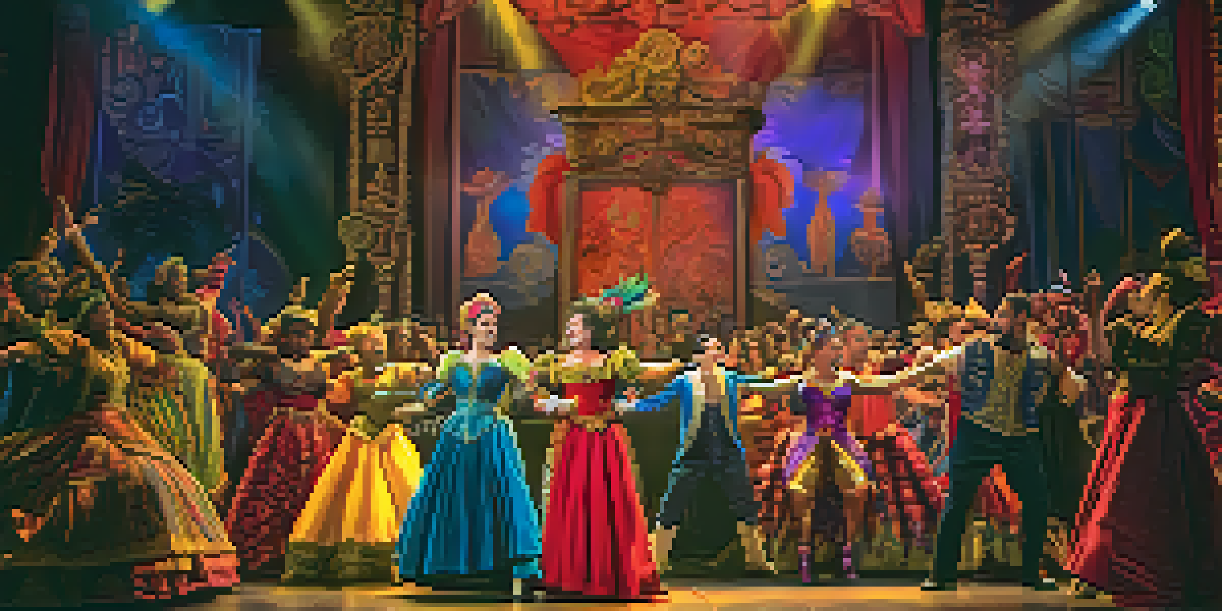 A theater stage with diverse actors in colorful costumes, dramatic lighting, and an engaged audience in the foreground.