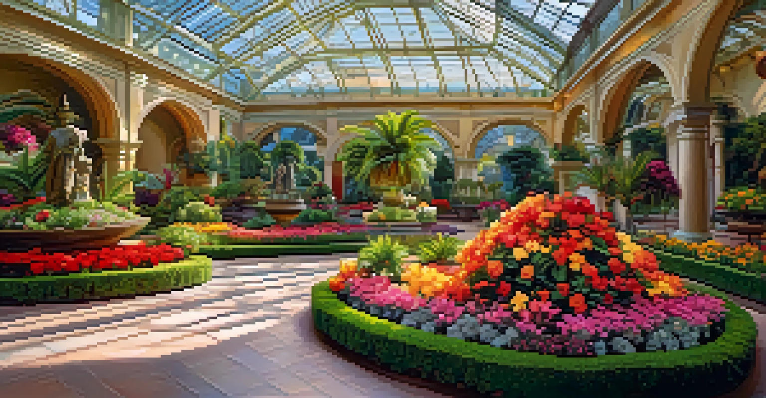 A beautiful floral display inside the Bellagio Conservatory, featuring vibrant flowers and plants in a serene atmosphere with visitors.