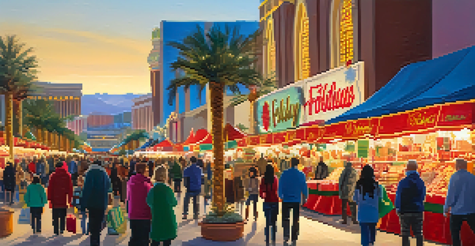 Shoppers at a festive holiday market in Las Vegas, with colorful stalls and holiday decorations.