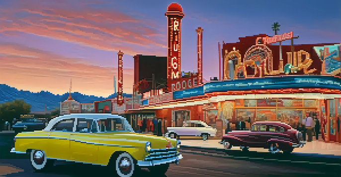 A colorful display of vintage neon signs at the Neon Museum in Las Vegas during twilight, featuring the restored Moulin Rouge sign.