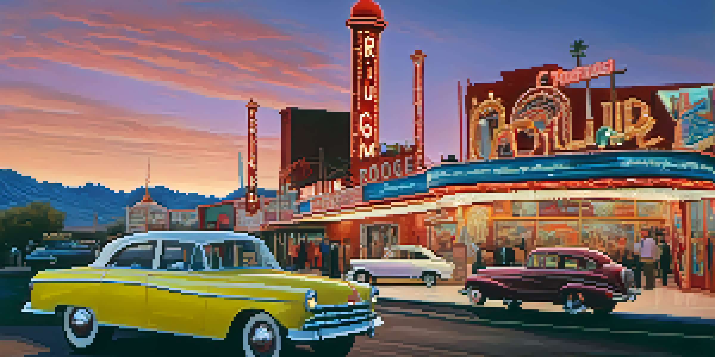 A colorful display of vintage neon signs at the Neon Museum in Las Vegas during twilight, featuring the restored Moulin Rouge sign.
