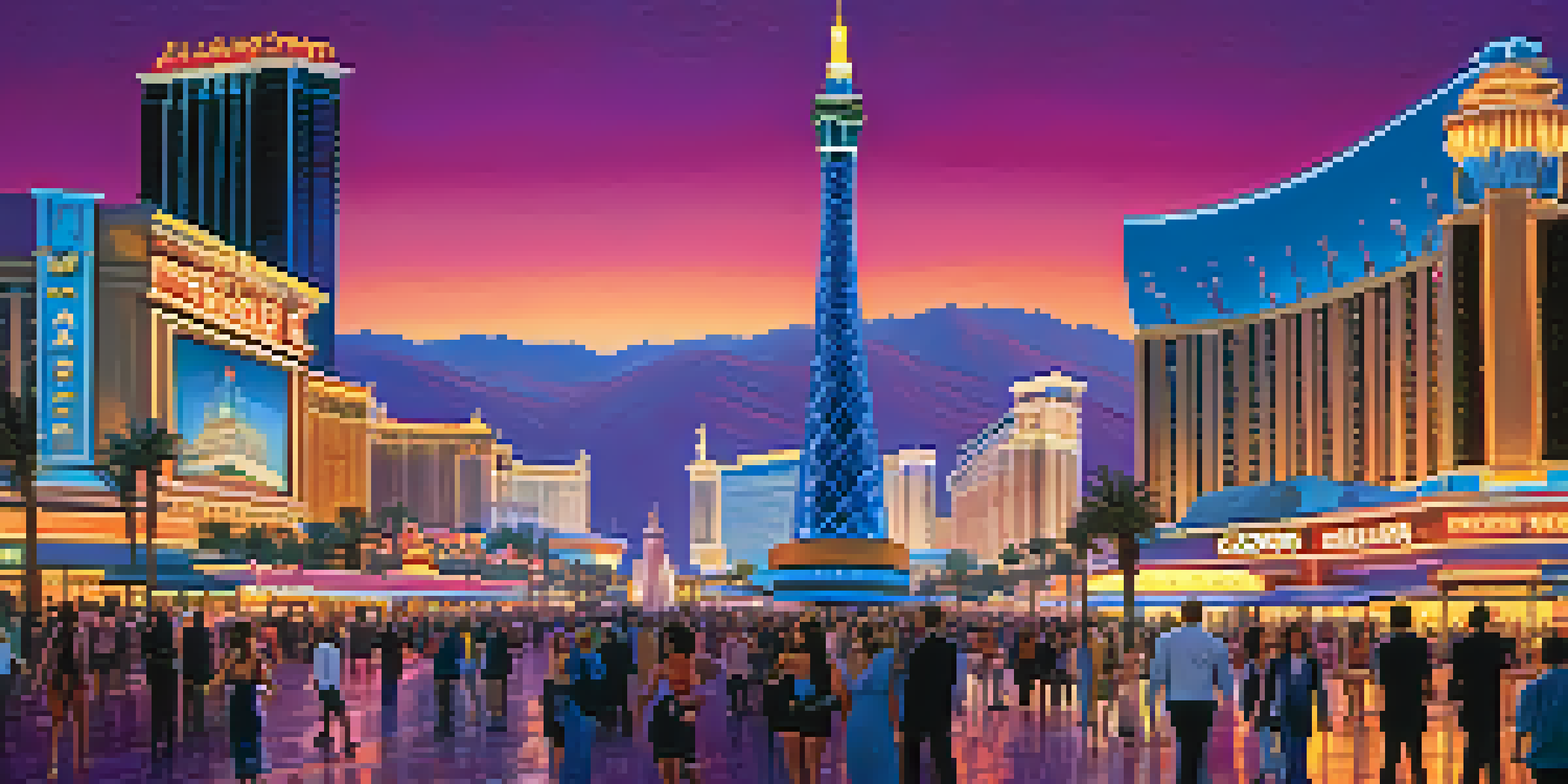 A lively scene of the Las Vegas Strip at twilight, illuminated by neon lights and featuring the Bellagio Fountains.