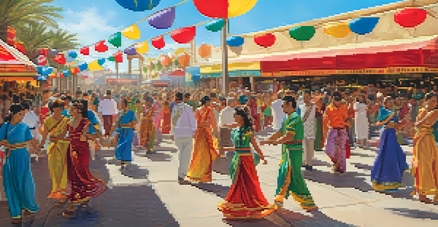 A bustling cultural festival in Las Vegas, highlighting diverse music, dance, and food in a festive atmosphere.