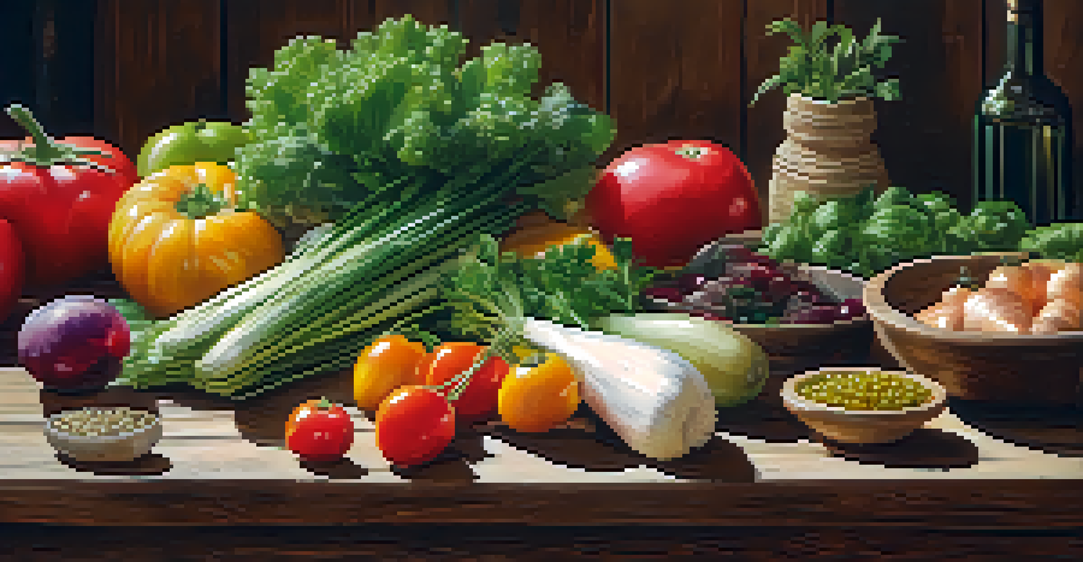 A close-up view of fresh vegetables and herbs on a rustic table, emphasizing the farm-to-table concept.