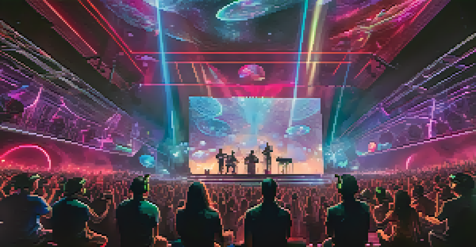 An audience wearing VR headsets at a concert, surrounded by holographic visuals and interactive elements.