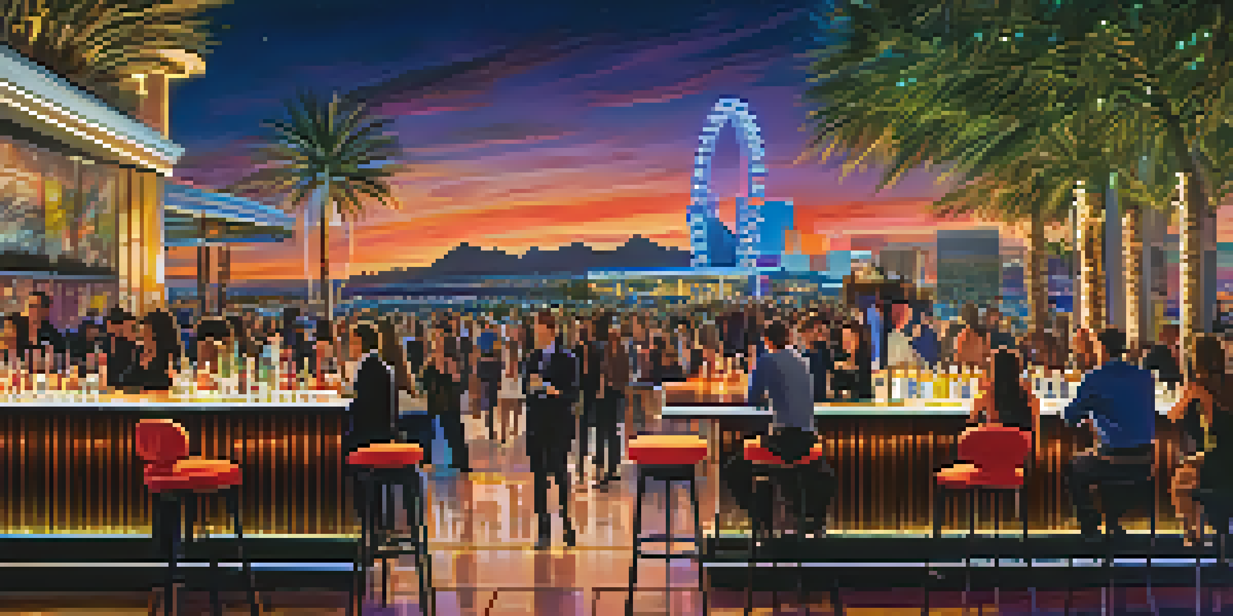 A lively rooftop bar at night with guests enjoying drinks and beautiful views of the Las Vegas Strip.