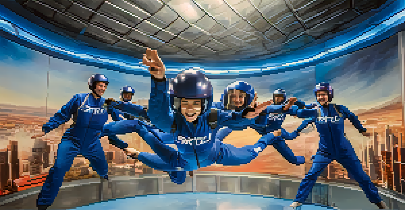 An exciting scene of indoor skydiving at iFLY Las Vegas, featuring individuals in flight suits soaring in a wind tunnel with instructors.