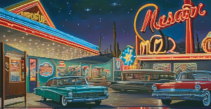 A night view of The Neon Museum featuring vintage neon signs glowing in vibrant colors against a starry sky.