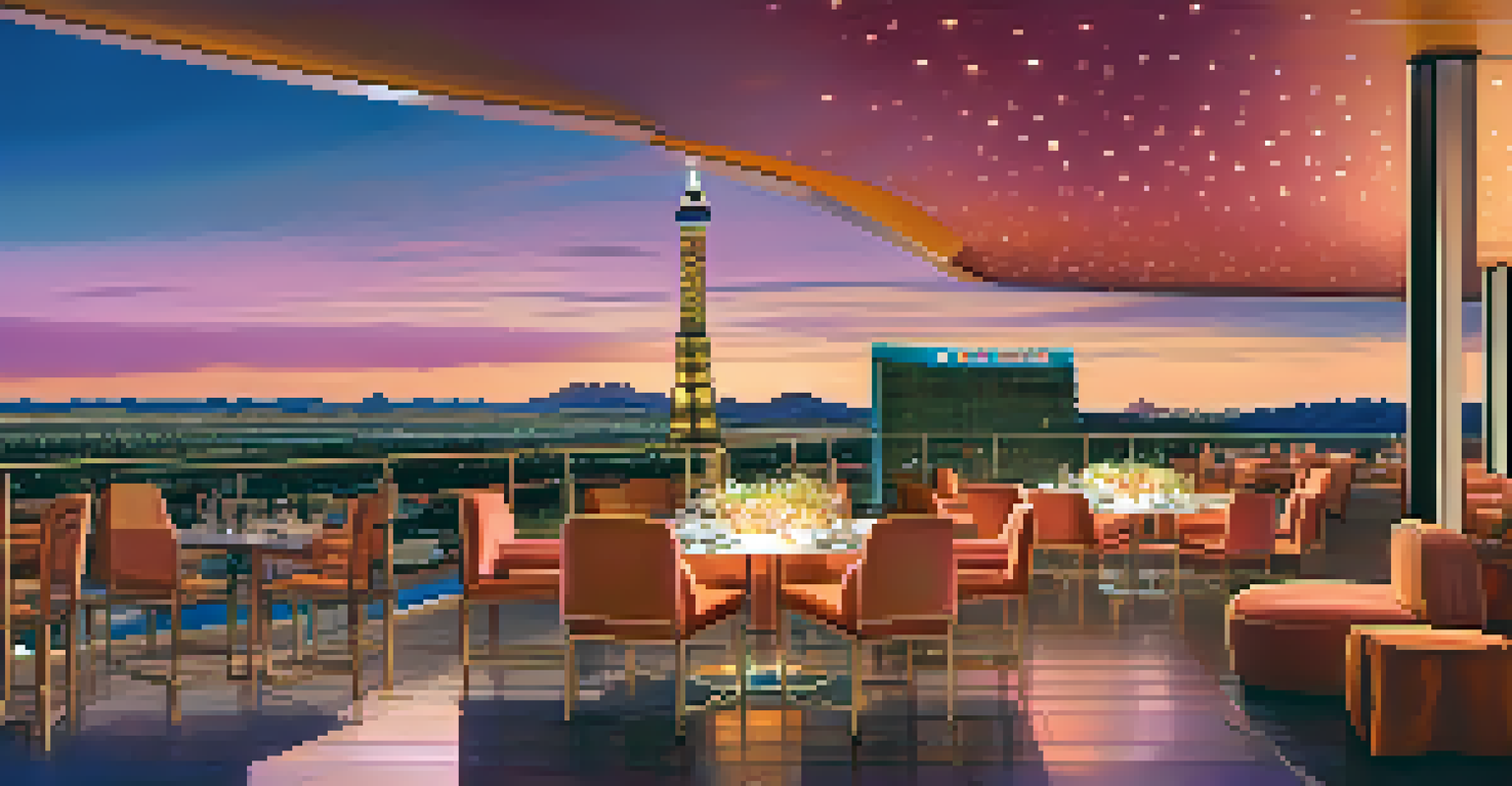An outdoor terrace of a luxury resort in Las Vegas at sunset, with plush seating and the Las Vegas Strip in the background.