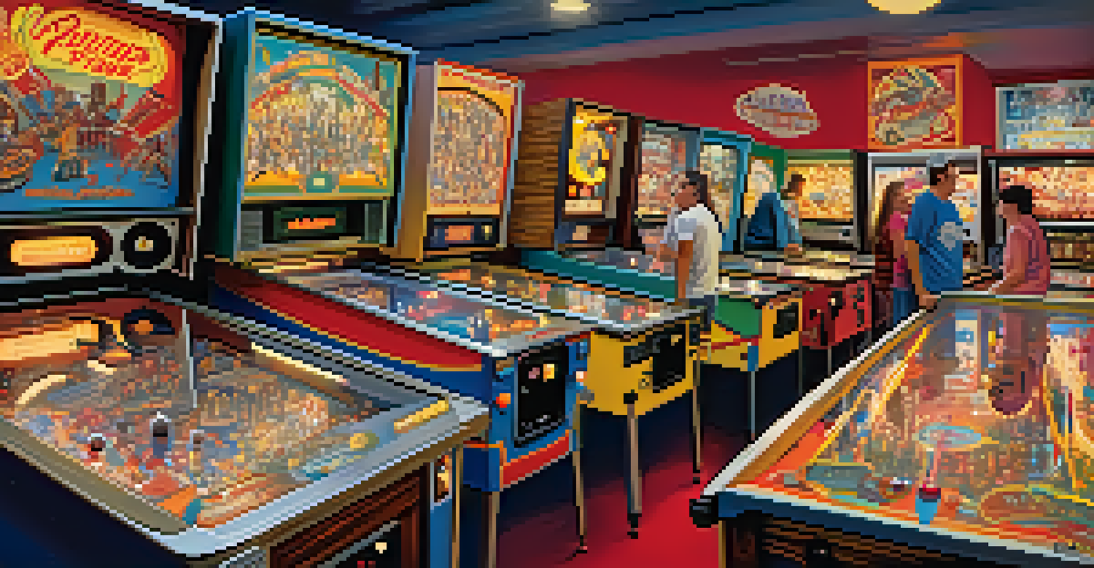 A nostalgic view inside the Pinball Hall of Fame, with friends playing vintage pinball machines amidst colorful lights.