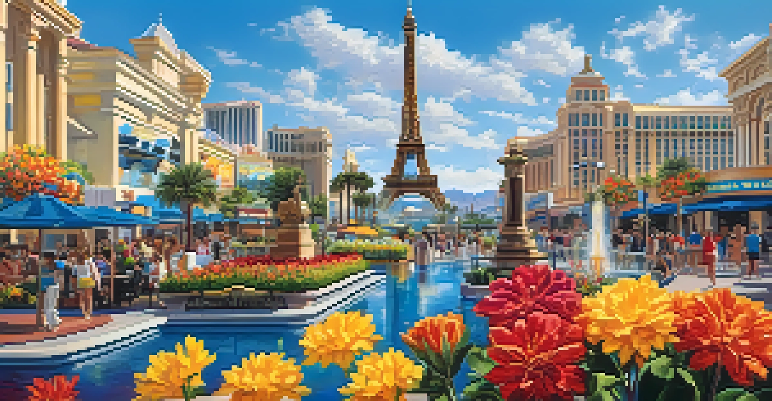 A bright daytime scene of the Las Vegas Strip showing the Eiffel Tower replica and Bellagio fountains, surrounded by flowers and tourists.