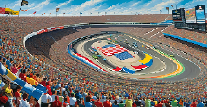 NASCAR race at Las Vegas Motor Speedway with colorful cars and cheering fans.