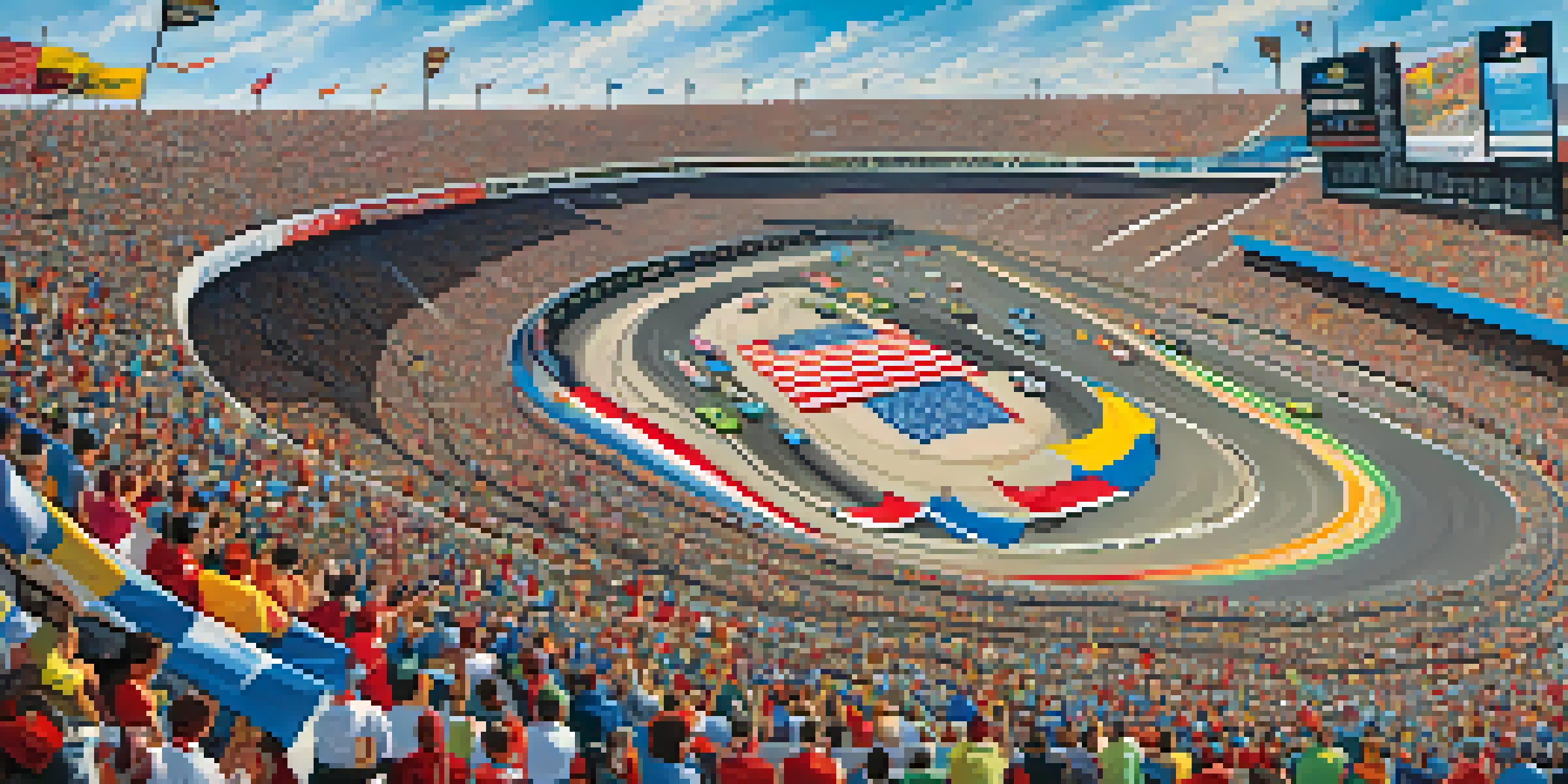 NASCAR race at Las Vegas Motor Speedway with colorful cars and cheering fans.