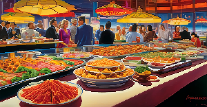 A lively buffet display in Las Vegas with various colorful dishes, including tacos and sushi, and people enjoying the meal together.