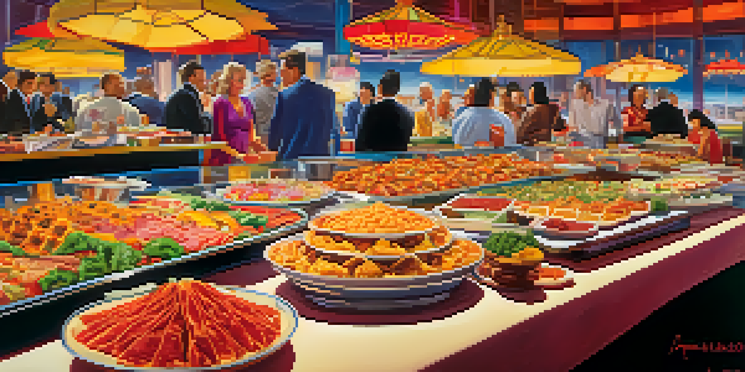 A lively buffet display in Las Vegas with various colorful dishes, including tacos and sushi, and people enjoying the meal together.