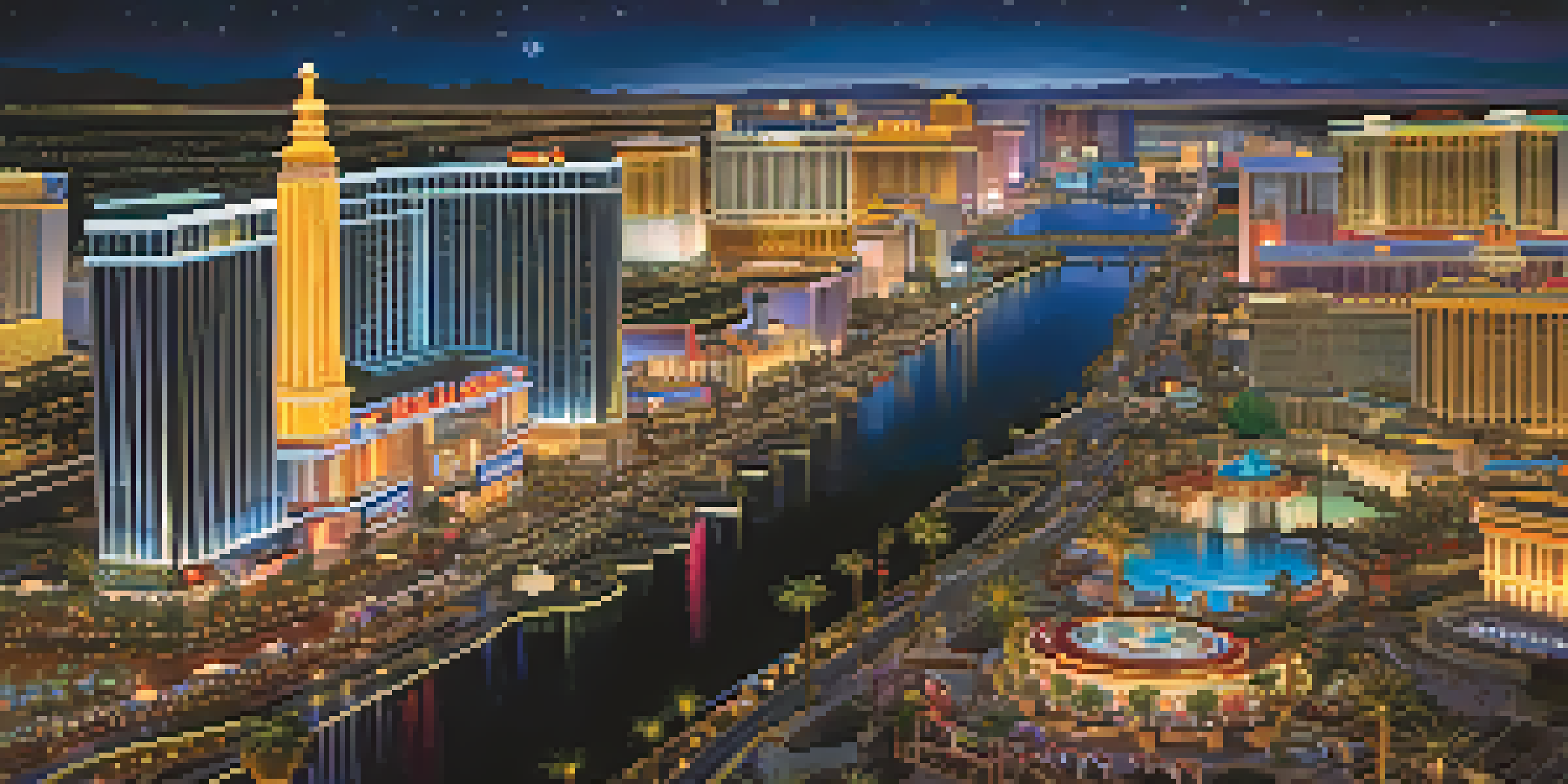 A colorful night view of the Las Vegas Strip, highlighting bright casino lights and a lively crowd.