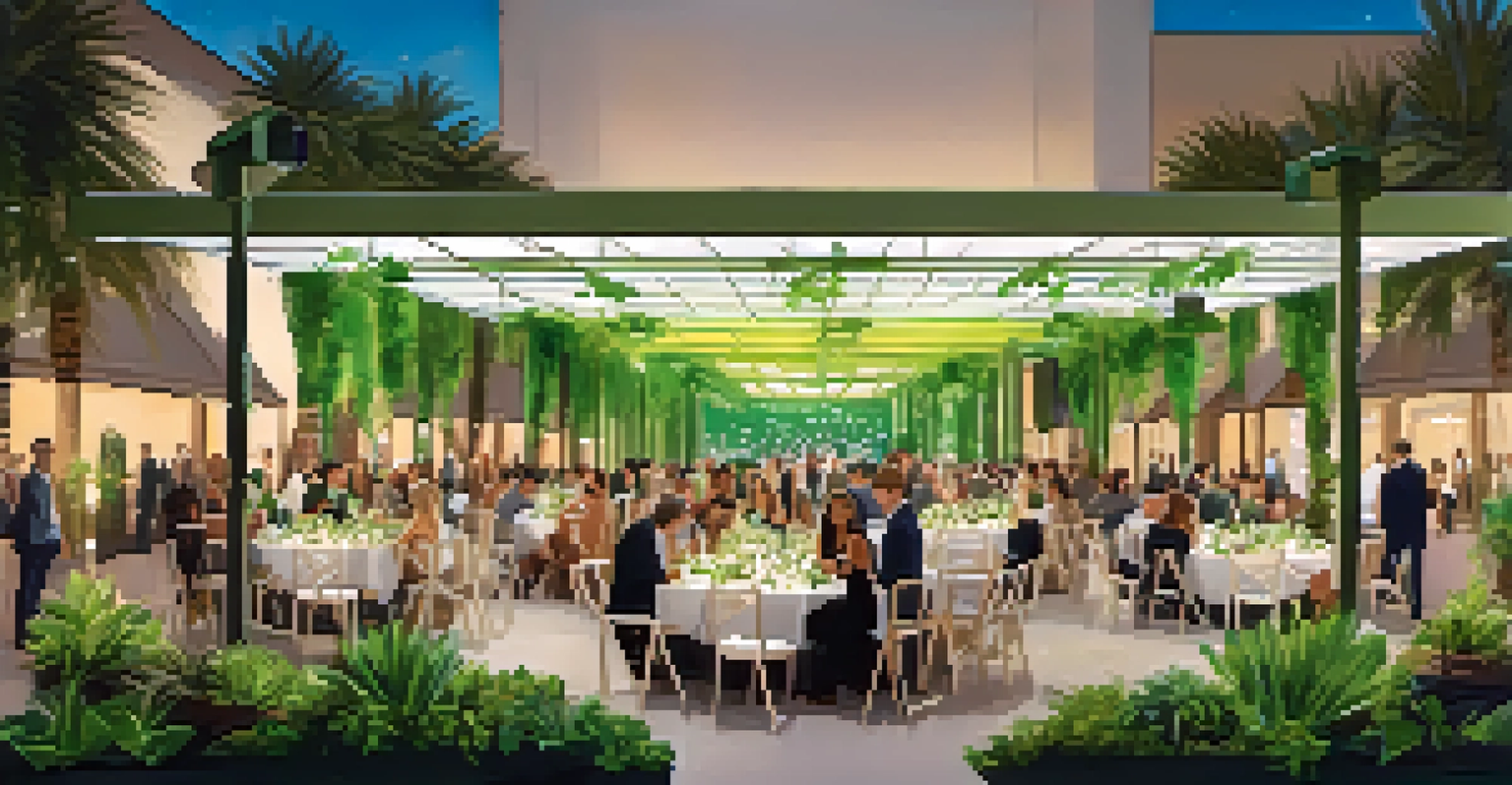 An eco-friendly event in Las Vegas with attendees surrounded by greenery and sustainable practices like recycling stations and solar-powered lights.