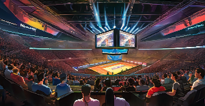 A bustling esports tournament in a modern arena, filled with cheering fans and intense players at their gaming stations.