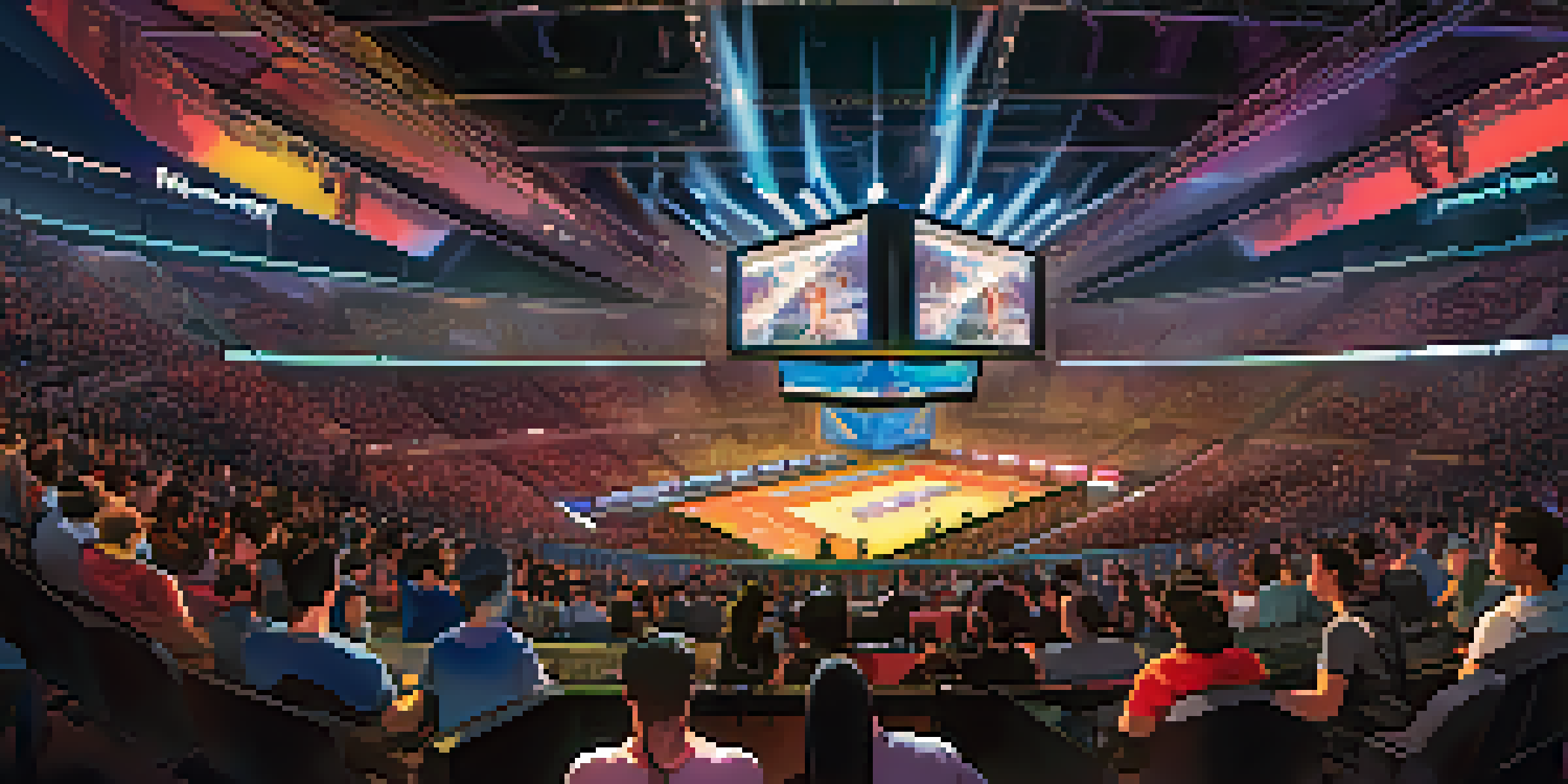 A bustling esports tournament in a modern arena, filled with cheering fans and intense players at their gaming stations.